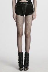 Black Stitching Faux Leather Mesh Studded Women's Punk Shorts